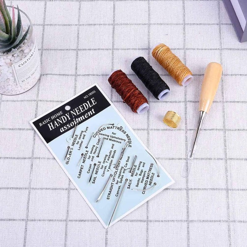 HEALLILY 12 Pcs/Set Leather Craft Sewing Kit with Copper Thimble Wax Threads Awl Needles Leather Working Tools for Leather Craft DIY Supplies - Image 2