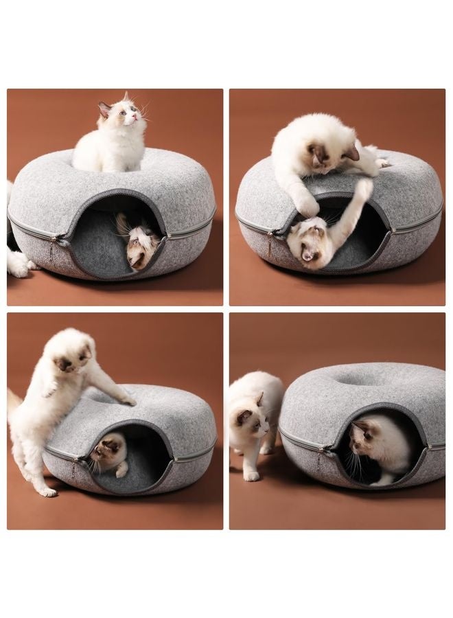 MOWKIT Cat Tunnel,Peekaboo Cave Bed for Indoor Cats,Donut for Pet House,Detachable Round Felt & Washable Interior Cat Play Tunnel(20 Inch, Light Grey) - Image 2