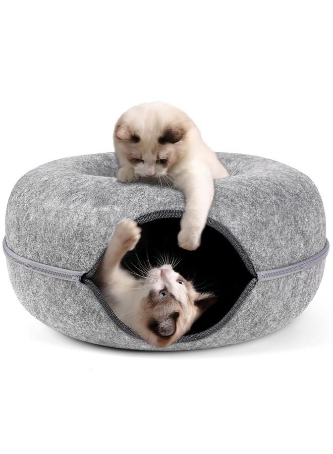 MOWKIT Cat Tunnel,Peekaboo Cave Bed for Indoor Cats,Donut for Pet House,Detachable Round Felt & Washable Interior Cat Play Tunnel(20 Inch, Light Grey) - Image 1