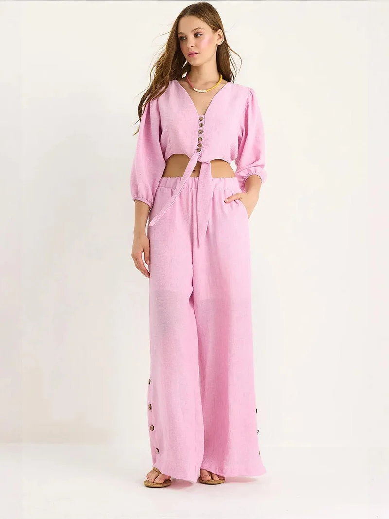 Bianco Lucci LUCCI Textured V-Neck Long Sleeve Two-Piece Coord Set