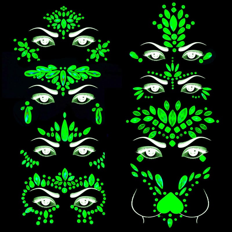 Meredmore 8Sets Glow in the Dark Face Gems Jewels Rave Noctilucent blacklight UV Body Stickers Luminous tattoos mermaid accessories pasties makeup for Women Halloween Festival - Image 1