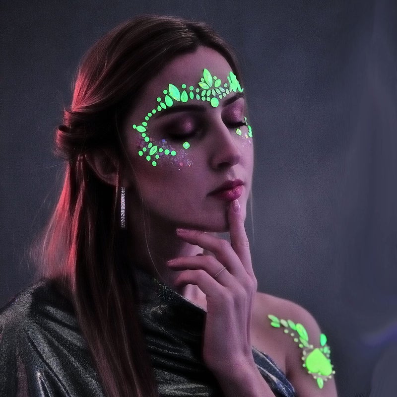 Meredmore 8Sets Glow in the Dark Face Gems Jewels Rave Noctilucent blacklight UV Body Stickers Luminous tattoos mermaid accessories pasties makeup for Women Halloween Festival - Image 2