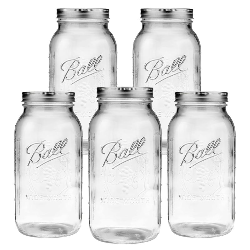 Ball جرار زجاجية بسعة 64 أونصة بفم واسع مع أغطية وأشرطة - مجموعة 5 جرار | جرة زجاجية كبيرة سعة نصف جالون لتخزين الطعام مع غطاء محكم، جرة زجاجية سعة 0.5 جالون مع غطاء وأشرطة، مجموعة من 5 - Image 1