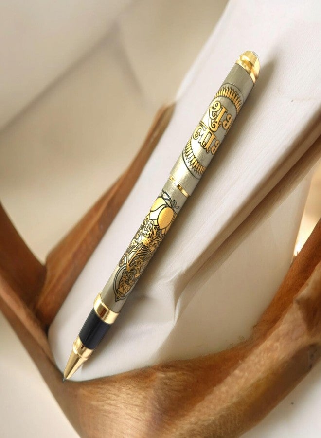 auteur Good Luck Divine Series Shri Roller Ball Pen Brass Body with Zircon Stud, Goddess Lakshmi Engraving, Gold-Plated Trim Best Gift Pen for Men & Women (Blue Ink) - Image 4