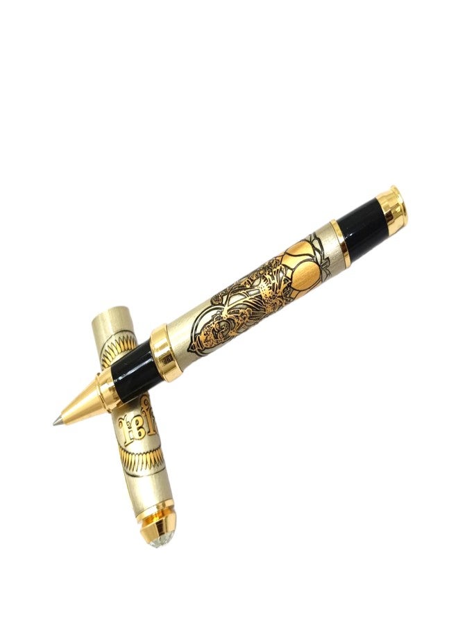 auteur Good Luck Divine Series Shri Roller Ball Pen Brass Body with Zircon Stud, Goddess Lakshmi Engraving, Gold-Plated Trim Best Gift Pen for Men & Women (Blue Ink) - Image 1