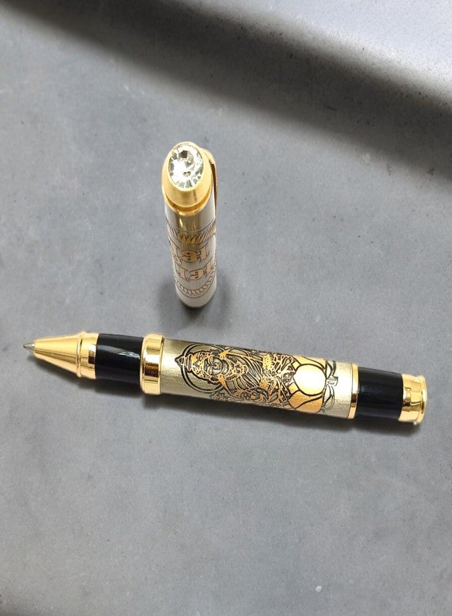 auteur Good Luck Divine Series Shri Roller Ball Pen Brass Body with Zircon Stud, Goddess Lakshmi Engraving, Gold-Plated Trim Best Gift Pen for Men & Women (Blue Ink) - Image 3