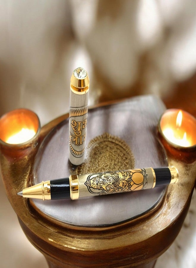 auteur Good Luck Divine Series Shri Roller Ball Pen Brass Body with Zircon Stud, Goddess Lakshmi Engraving, Gold-Plated Trim Best Gift Pen for Men & Women (Blue Ink) - Image 2