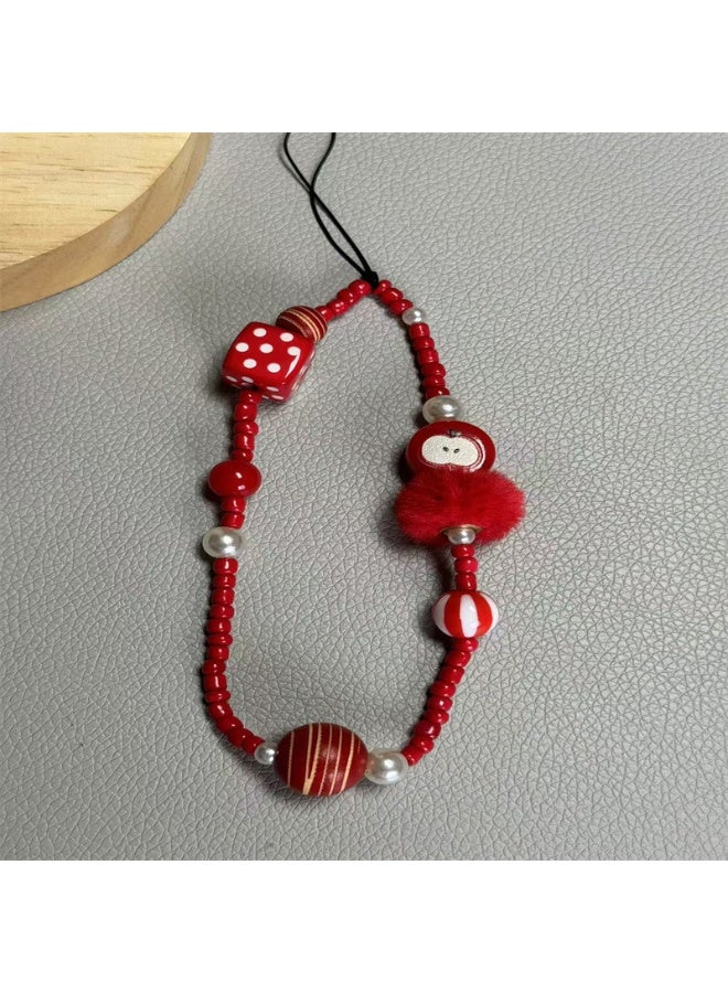 NIBEMINENT Beaded Phone Lanyard, Anti Lost Removable Wrist Strap, New Year's Red Bracelet Pendant, Phone Keychain Lanyard