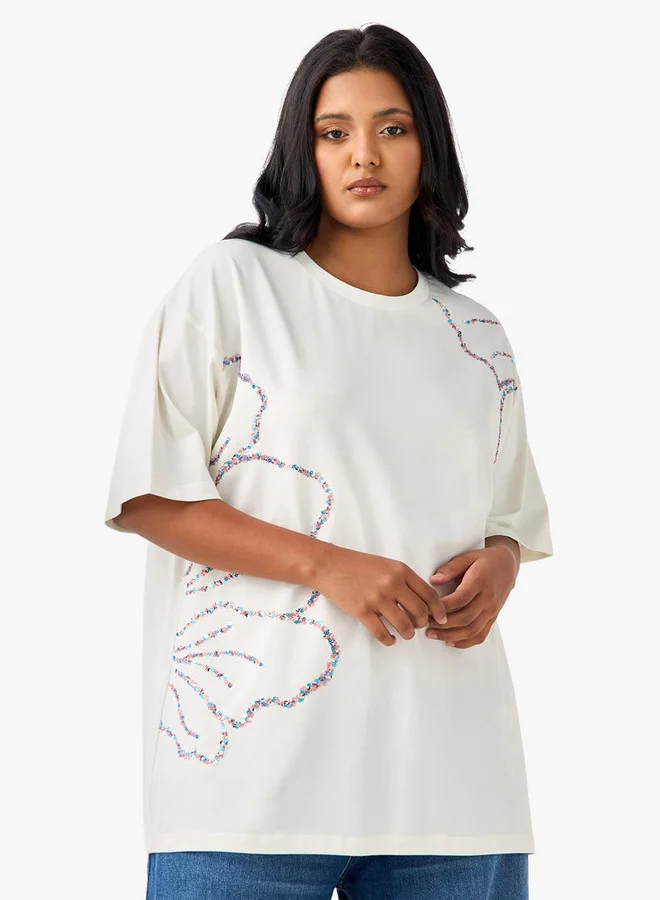 Ulla Popken Plus Size Ulla Popken Sequinned T-shirt with Short Sleeves and Crew Neck