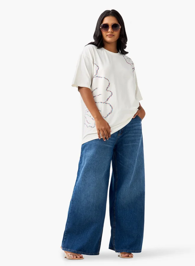 Ulla Popken Plus Size Ulla Popken Sequinned T-shirt with Short Sleeves and Crew Neck