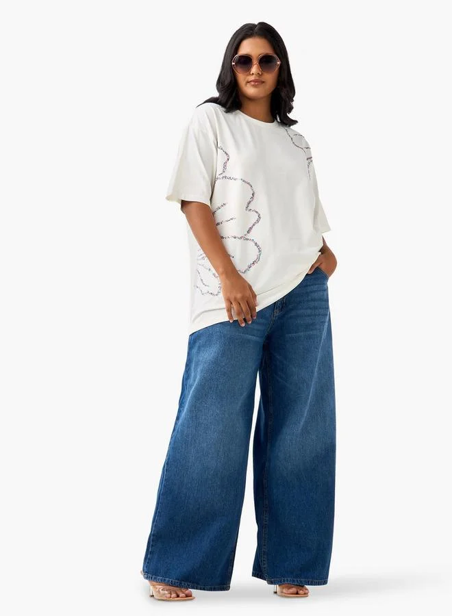 Ulla Popken Plus Size Ulla Popken Sequinned T-shirt with Short Sleeves and Crew Neck