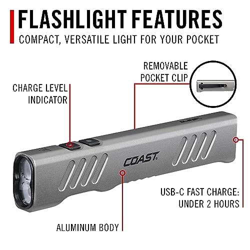Coast Slayer 1150 Lumen USB-C Rechargeable LED Flashlight with Spot/Flood, Memory Mode and Pocket Clip, Silver - Image 3