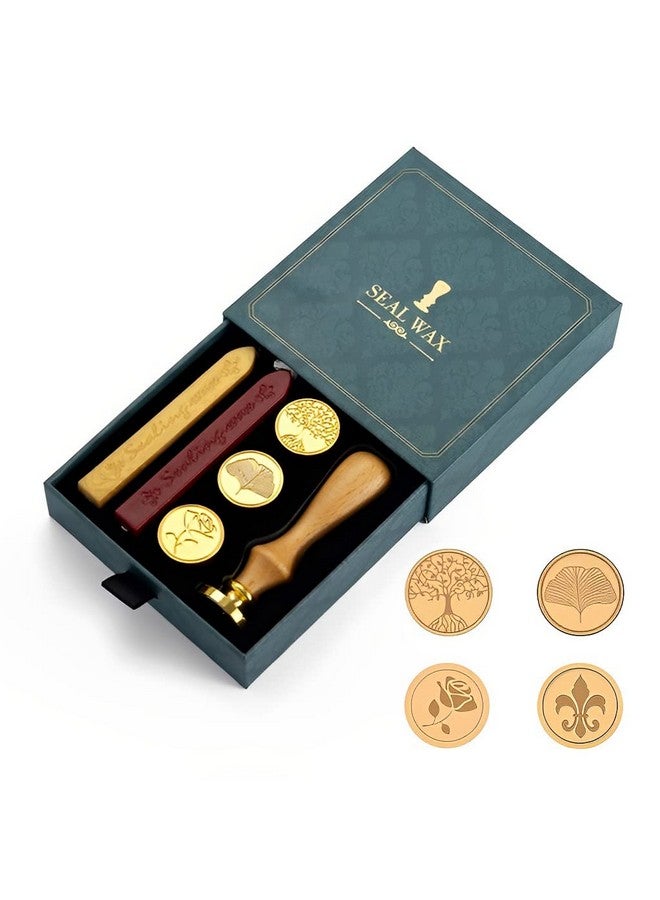 Supvox® Wax Seal Stamp Kit Gift Box Set, Wax Seal Kit, 4Pcs Sealing Wax Stamp Copper Seals + 1 Wooden Wax Seal Stamp Handle + 2 Color Sealing Wax Bar, Wax Stamp Kit for Cards Envelopes - Image 1