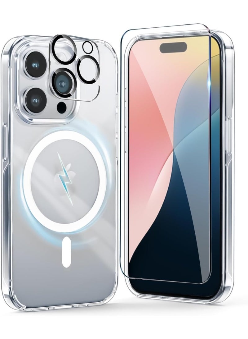 DEIN iPhone 16 Pro 3in1 Phone Accessories Bundle - Heavy duty Shockproof Clear Cover Case [MagSafe Compatible] + Tempered Glass Screen Protector + Camera Lens Protector, Anti Yellowing Magnetic Case - Image 1