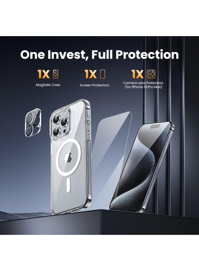 DEIN iPhone 16 Pro 3in1 Phone Accessories Bundle - Heavy duty Shockproof Clear Cover Case [MagSafe Compatible] + Tempered Glass Screen Protector + Camera Lens Protector, Anti Yellowing Magnetic Case - Image 2