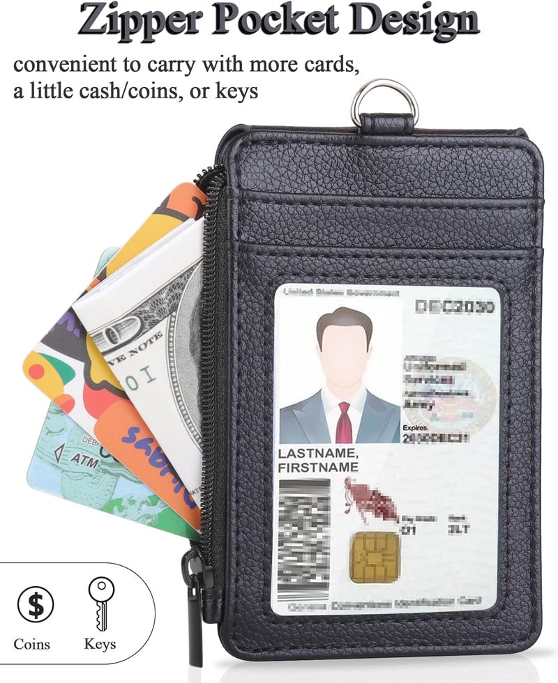 Teskyer Badge Holder with Side Zip Pocket, Multiple Card Slots Leather ID Holder Wallet with Neck Lanyard for Office Staffs, Teachers/Students, Workers, Cruise Cards, Bus/Metro Cards, Lichee Black - Image 5