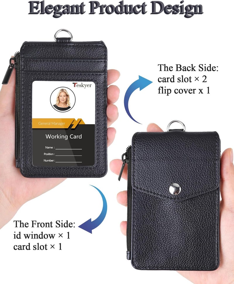 Teskyer Badge Holder with Side Zip Pocket, Multiple Card Slots Leather ID Holder Wallet with Neck Lanyard for Office Staffs, Teachers/Students, Workers, Cruise Cards, Bus/Metro Cards, Lichee Black - Image 3
