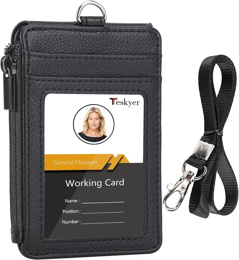 Teskyer Badge Holder with Side Zip Pocket, Multiple Card Slots Leather ID Holder Wallet with Neck Lanyard for Office Staffs, Teachers/Students, Workers, Cruise Cards, Bus/Metro Cards, Lichee Black - Image 1