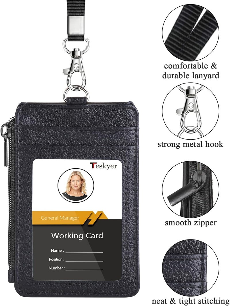 Teskyer Badge Holder with Side Zip Pocket, Multiple Card Slots Leather ID Holder Wallet with Neck Lanyard for Office Staffs, Teachers/Students, Workers, Cruise Cards, Bus/Metro Cards, Lichee Black - Image 2