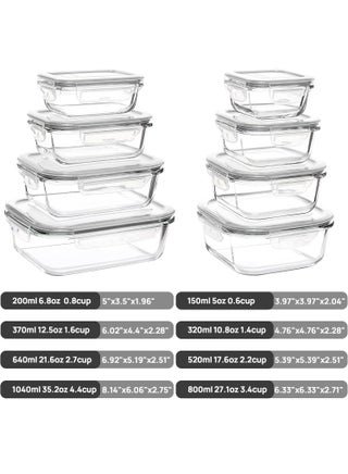 8 Pack Glass Containers Set for Food Storage with Airtight Lids, Meal Prep Container Glass for Lunch, On the Go, Leftover, Freezer, Fridge, Microwave, Dishwasher Safe, BPA Free - view 2