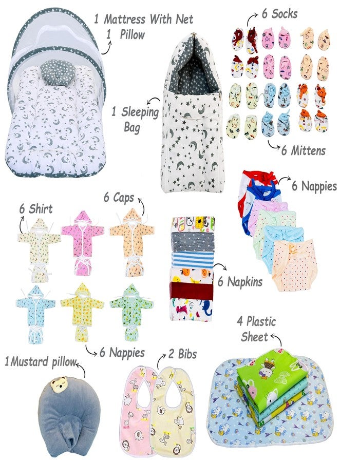 Infantbond by Fareto 52in1 Newborn Baby Essential Combo Set | Baby Bedding Set with Net, Hooded Rompers, Mittens, Booties, Nappies & More | Ideal Gift for Newborn Boys & Girls(0-6M) (Grey Moon) - Image 2