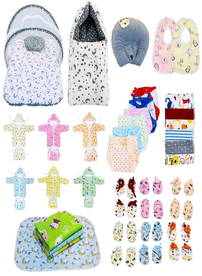 Infantbond by Fareto 52in1 Newborn Baby Essential Combo Set | Baby Bedding Set with Net, Hooded Rompers, Mittens, Booties, Nappies & More | Ideal Gift for Newborn Boys & Girls(0-6M) (Grey Moon) - Image 1