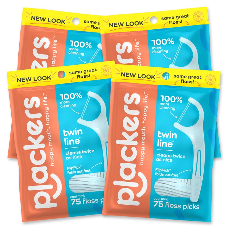 Plackers Twin Line Dental Floss Picks DualLine Tuffloss Easy Storage Cool Mint Flavor 75 Count Pack of 4