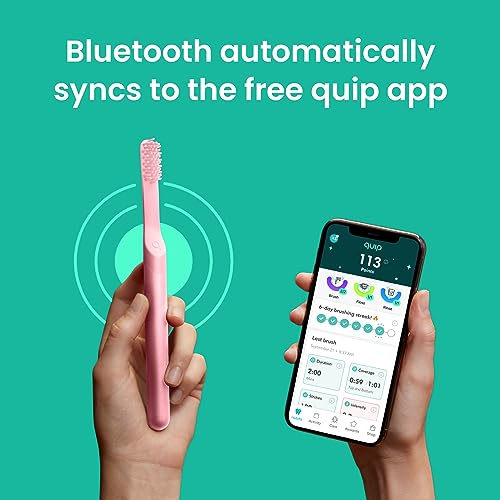 Quip Smart Sonic Toothbrush for Adults - Timed Electric Toothbrush with Bluetooth & Rewards App - Replaceable Brush Head, Soft Bristles, Metal Handle, 3 Month Battery Life - Travel Brush - All-Pink - Image 2