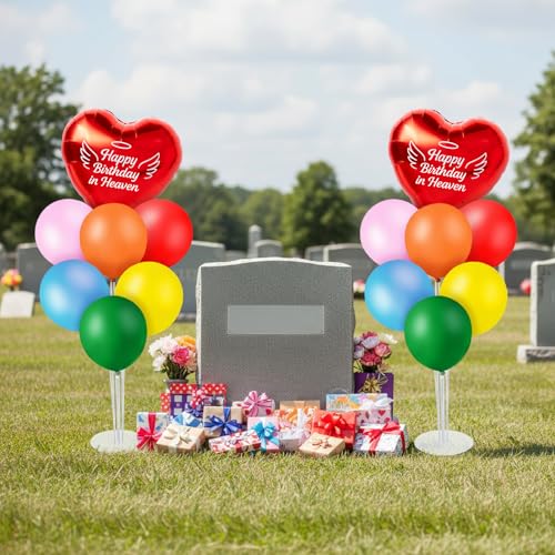 LaRandom 2 Sets Happy Birthday in Heaven Decoration Kit Include 2 Pcs Heartshaped Balloon and Stands 12 Pcs Latex Balloons for Cemetery Memory Life Funeral Condolence Anniversary DecorMulticolor - Image 1