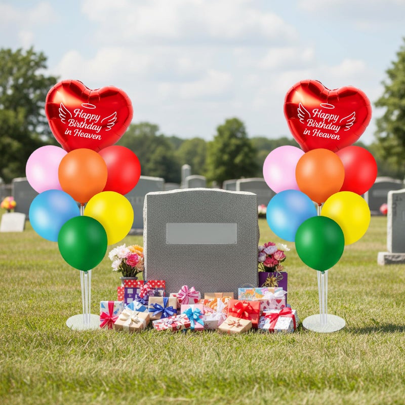 LaRandom 2 Sets Happy Birthday in Heaven Decoration Kit Include 2 Pcs Heartshaped Balloon and Stands 12 Pcs Latex Balloons for Cemetery Memory Life Funeral Condolence Anniversary DecorMulticolor - Image 3