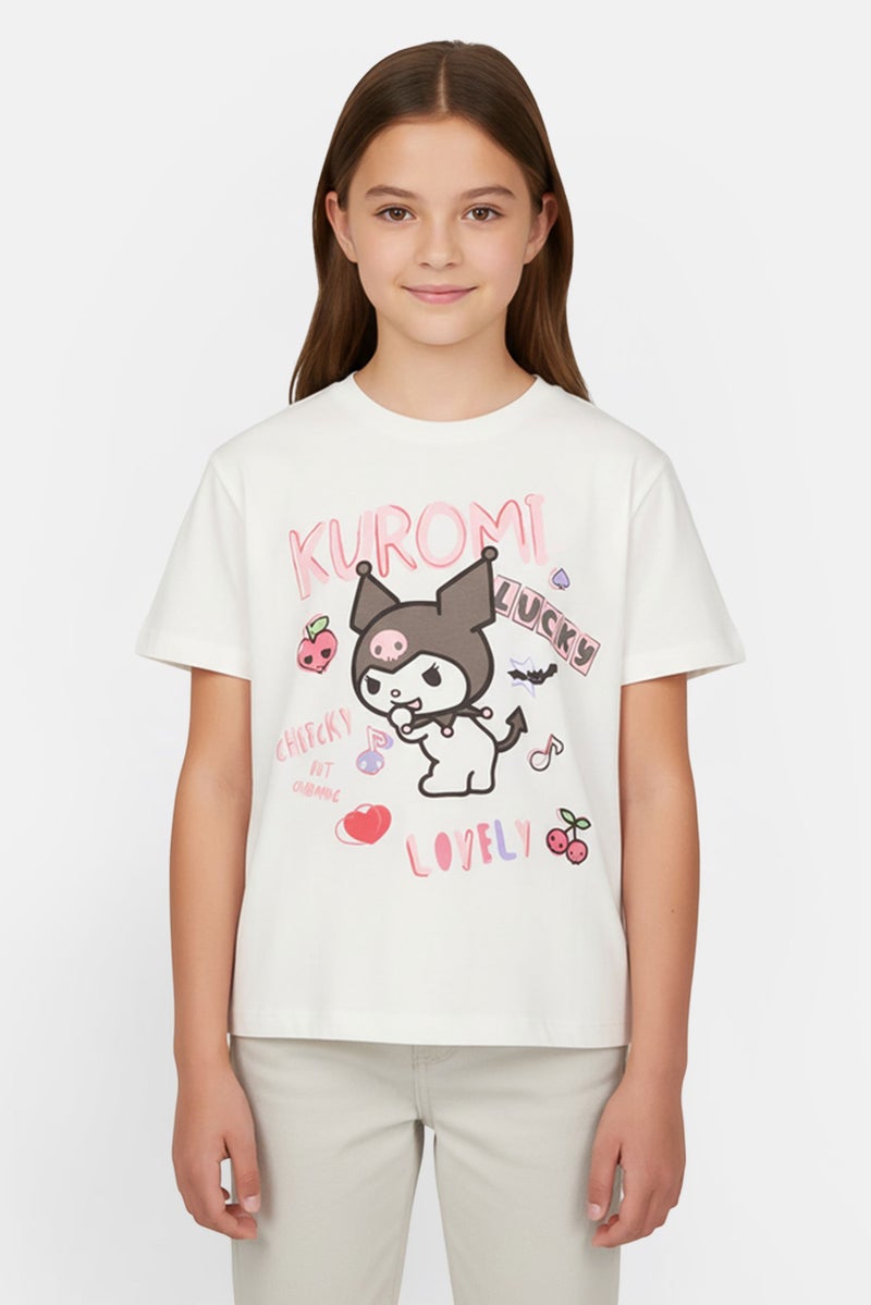 Disney x Kuromi Kids Girl Crew Neck Short Sleeve Graphic Print T-Shirt, White - Image 1