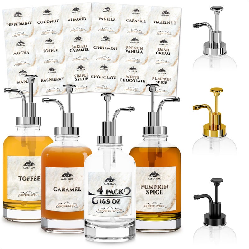 ALPENKOK Set of 4 Glass Syrup Bottle with Pump 16.9oz 500 ml â€“ Thick Glass Syrup Dispenser with 18 Marked Labels, Leak-Proof, Easy Cleaning â€“ Coffee Bar Essentials for Home | Event Ready (Silver Pumps) - Image 1