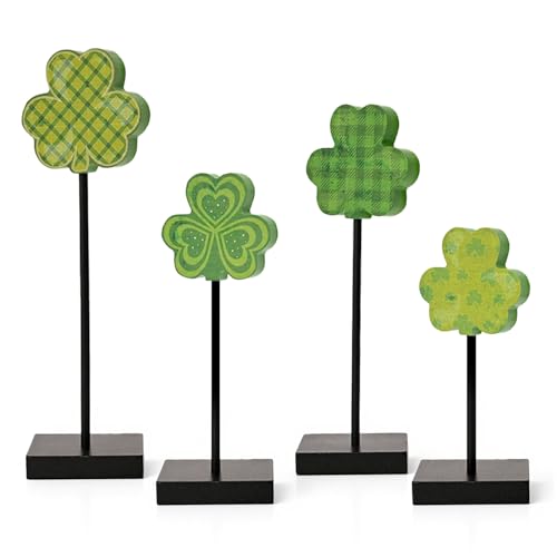 Sm:)e Smile St.Patrick's Day Wooden Shamrock Decor Set of 4 Plaid Striped Polka Dot Standing Clover Ornaments, Tabletop Shelf Lucky Decoration - Image 1