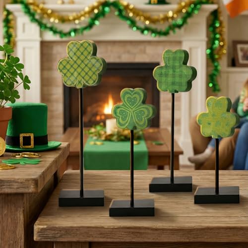 Sm:)e Smile St.Patrick's Day Wooden Shamrock Decor Set of 4 Plaid Striped Polka Dot Standing Clover Ornaments, Tabletop Shelf Lucky Decoration - Image 4
