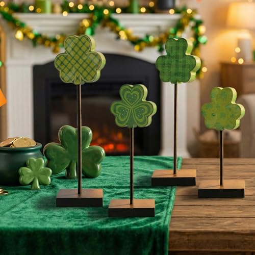 Sm:)e Smile St.Patrick's Day Wooden Shamrock Decor Set of 4 Plaid Striped Polka Dot Standing Clover Ornaments, Tabletop Shelf Lucky Decoration - Image 5