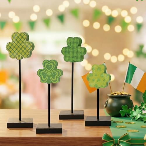Sm:)e Smile St.Patrick's Day Wooden Shamrock Decor Set of 4 Plaid Striped Polka Dot Standing Clover Ornaments, Tabletop Shelf Lucky Decoration - Image 3
