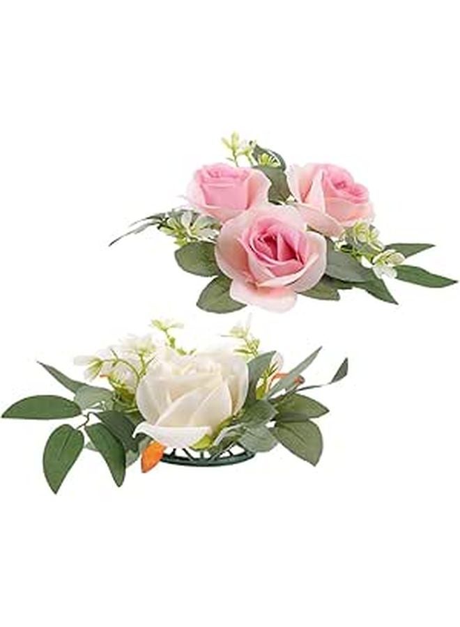 Pink And Light Gold Artificial Rose Candle Rings Wedding Table Centerpieces 2pcs - Image 1
