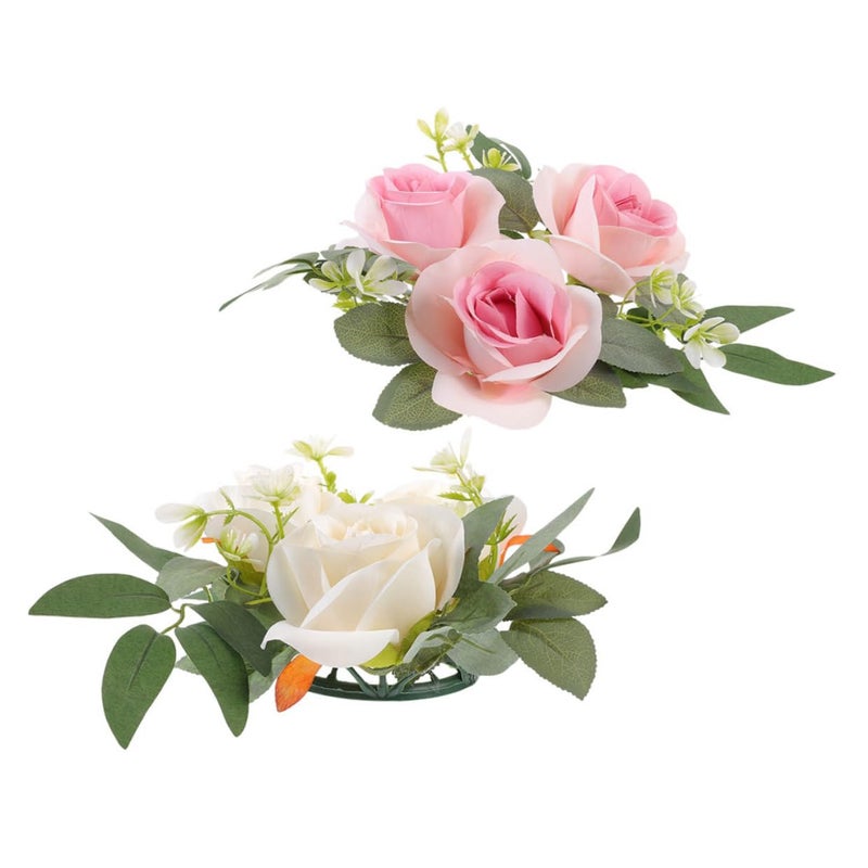 Pink And Light Gold Artificial Rose Candle Rings Wedding Table Centerpieces 2pcs - Image 2
