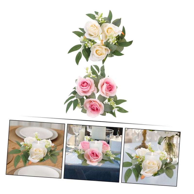 Pink And Light Gold Artificial Rose Candle Rings Wedding Table Centerpieces 2pcs - Image 4