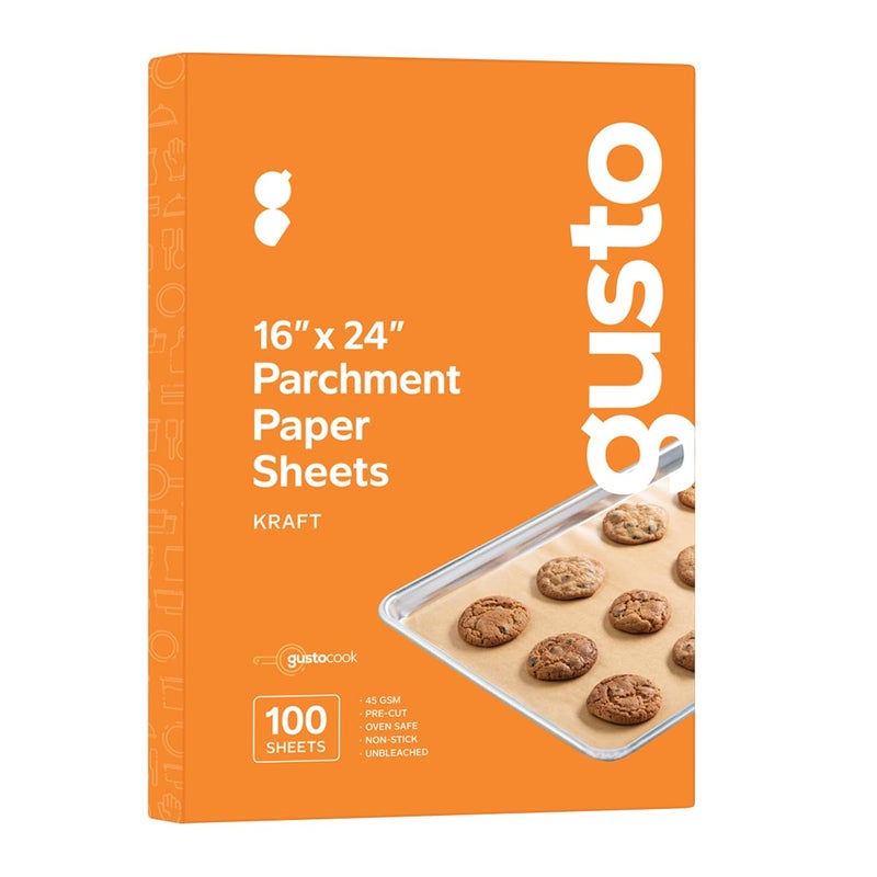 GUSTO 16 x 24 Inch  100 Count PreCut Parchment Paper Baking Sheets NonStick Unbleached Parchment Paper Sheets for Baking  Cooking  Kraft  Formerly Comfy Package