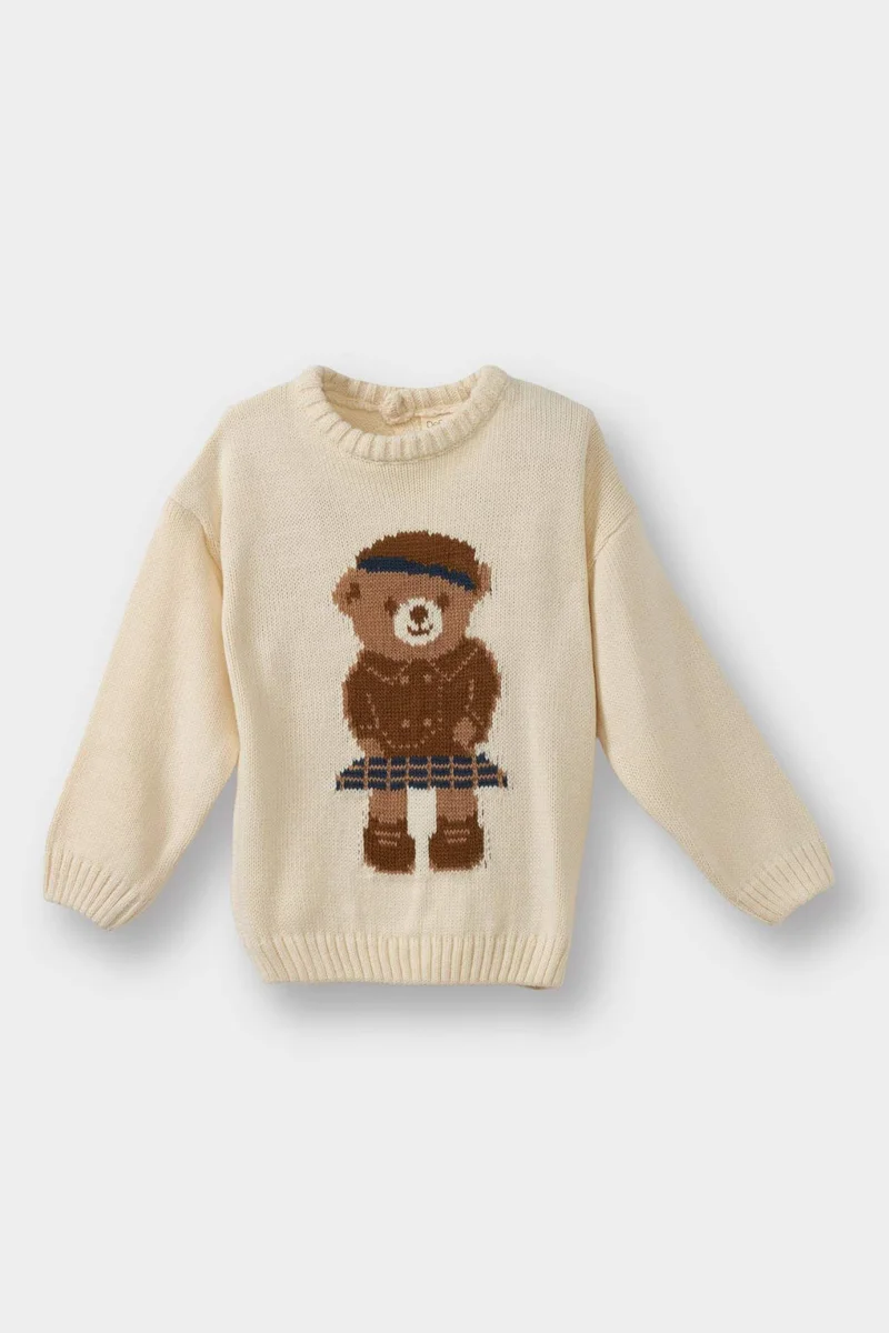 ديفاكتو Girl Baby Large Collar Bear Print Knit Pullover