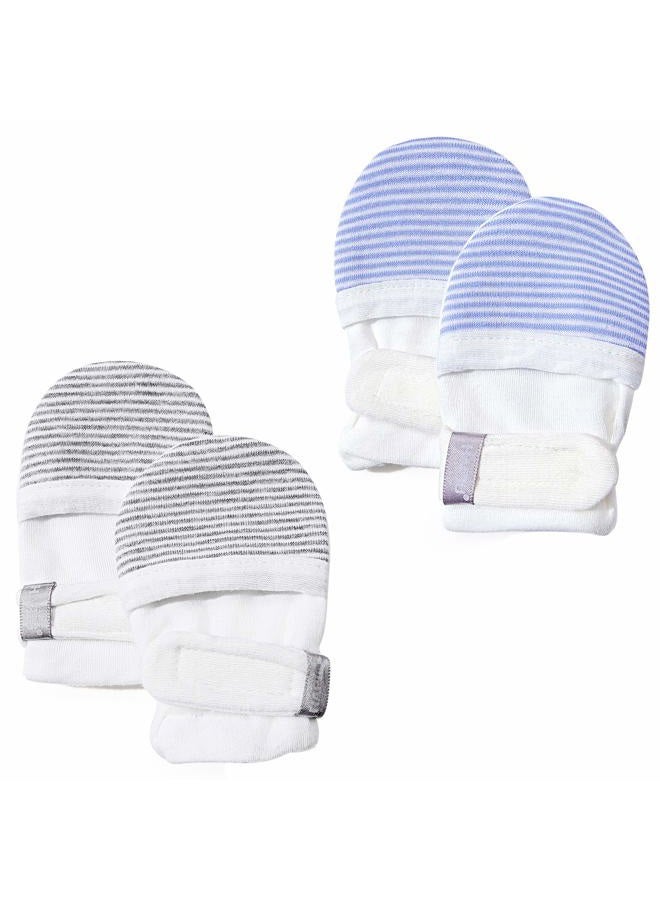 HAPIU Baby No Scratch Mittens Stay On, 100% Cotton Breathable, Adjustable Infant Gloves for Boys Girls, Newborn - 12 M, Gray&blue Stripe, 3-6 Months - Image 1