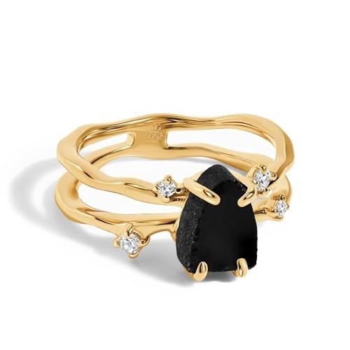 Moon Magic Authentic Moonstone Ring for Women Amethyst Aquamarine Black Obsidian Ring FlowReal 925 Sterling Silver 18k Rose and Yellow Gold Raw Crystal Rings for WomenGenuine Gemstone Jewelry