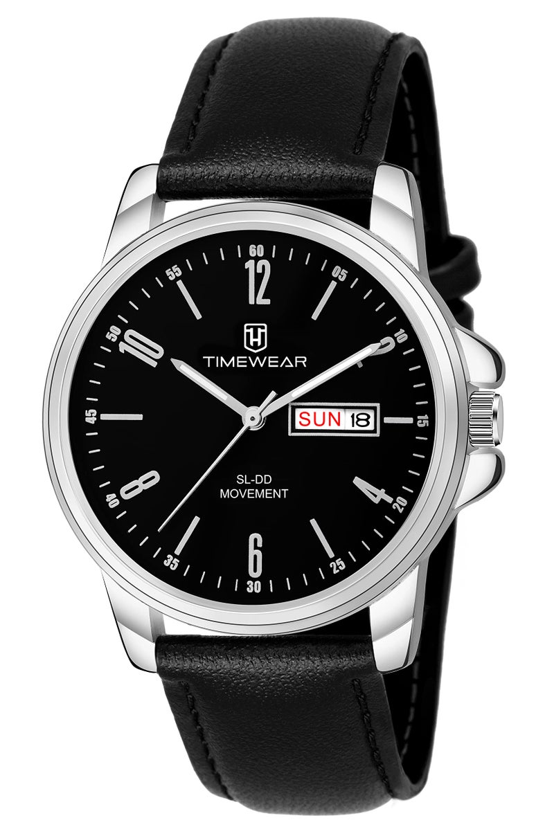 TIMEWEAR Analog New Track Black Dial Day Date Functioning Black Leather Strap Watch for Men - Image 1