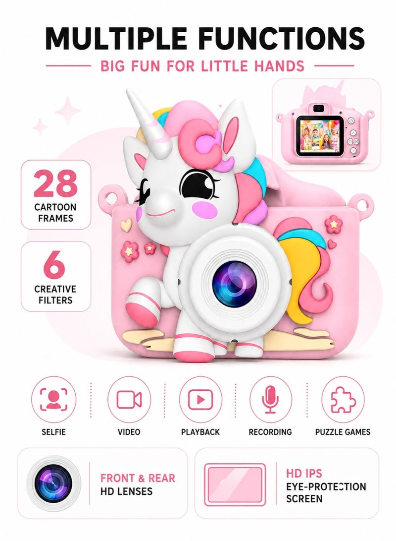 Kids Camera,1080P HD Digital Video Camera Toy for Age 6+ Boys/Girls, Birthday Festival Gifts for Kids,USB Rechargeable Kids Selfie Camera with 32GB SD Card and card reader(Pink) - Image 4