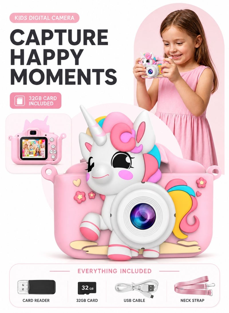 Kids Camera,1080P HD Digital Video Camera Toy for Age 6+ Boys/Girls, Birthday Festival Gifts for Kids,USB Rechargeable Kids Selfie Camera with 32GB SD Card and card reader(Pink) - Image 1