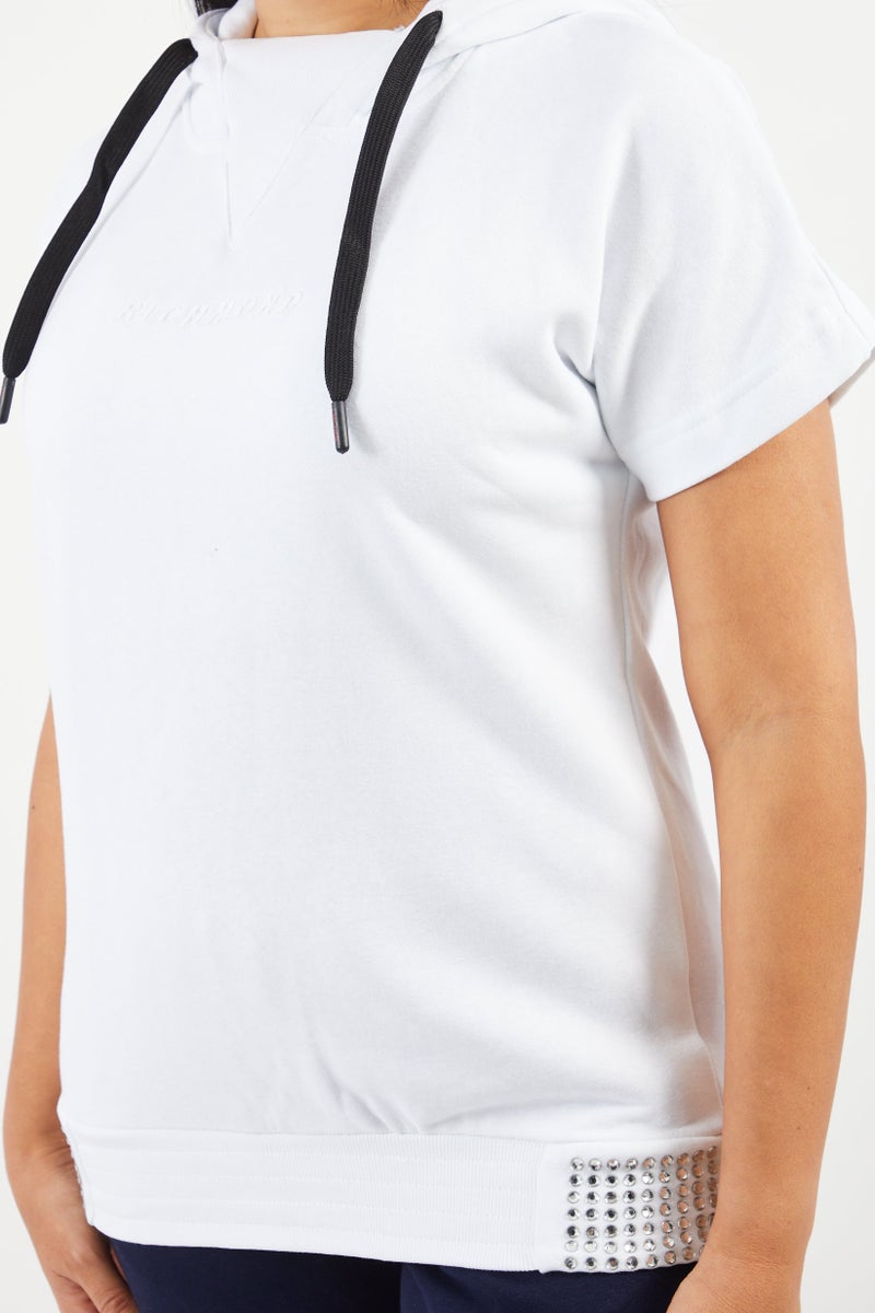 JOHN RICHMOND Women Hooded Short Sleeve Brand Logo Sweatshirt, White - Image 3