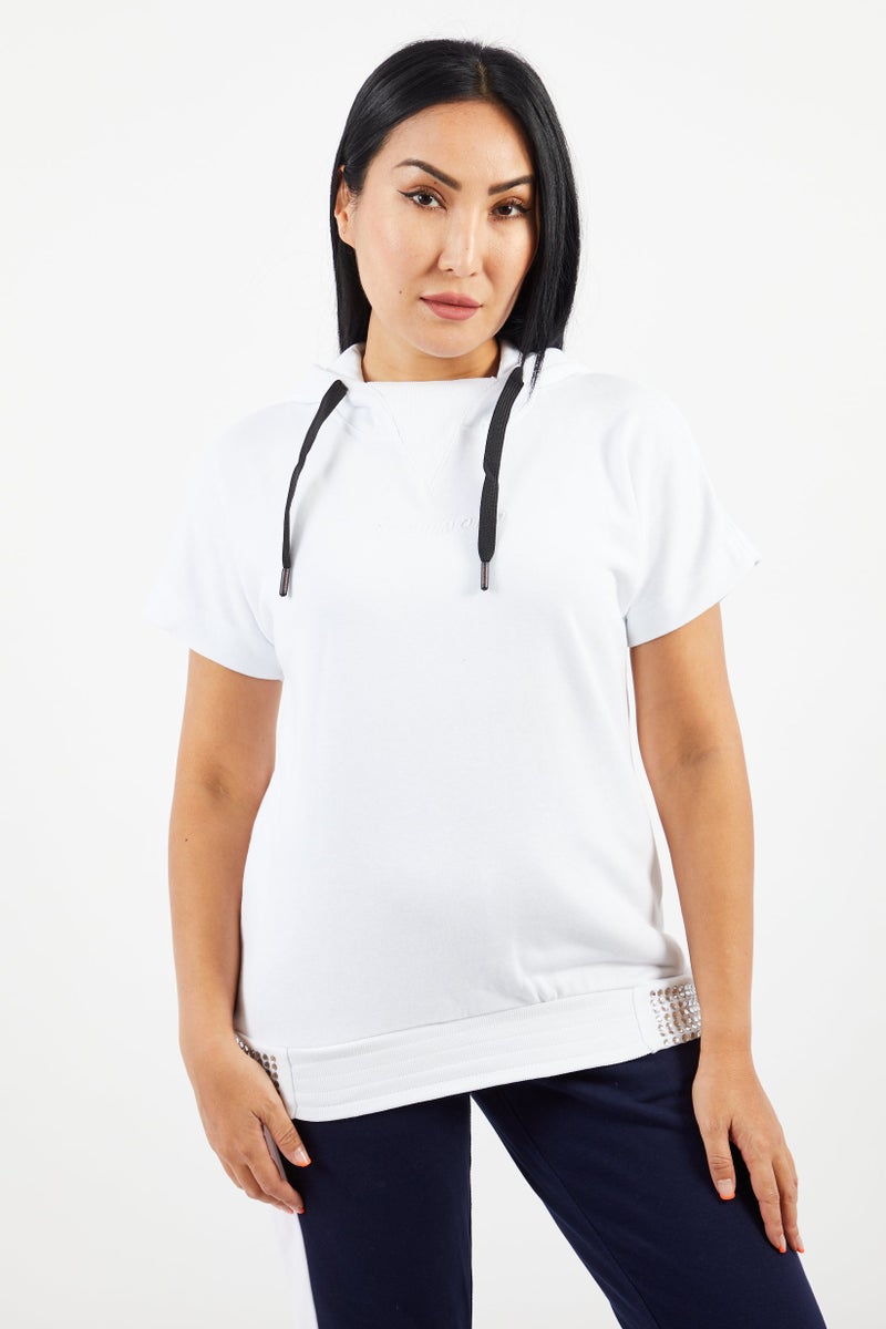 JOHN RICHMOND Women Hooded Short Sleeve Brand Logo Sweatshirt, White - Image 1