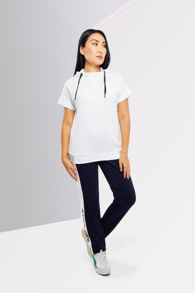 JOHN RICHMOND Women Hooded Short Sleeve Brand Logo Sweatshirt, White - Image 4