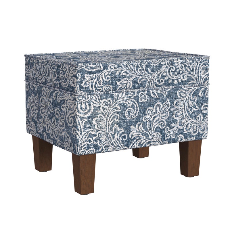 Homepop Home Decor |K7646-A879| Upholstered Modern Rectangular Storage Ottoman | Hinged Lid Ottoman with Storage for Living Room & Bedroom, Blue Denim Jacobean Print - Image 1